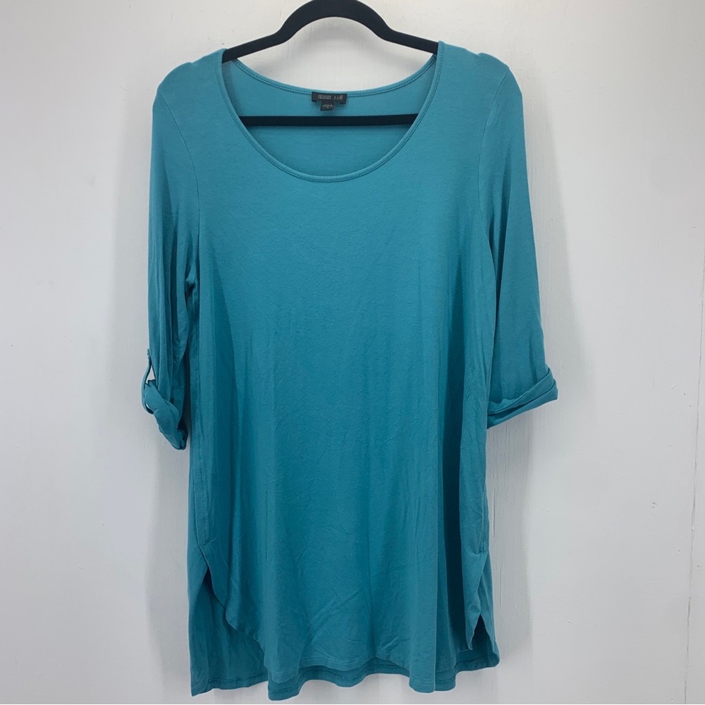 J Jill Womens Medium Tunic Top Scoop Neck Long Roll Tab Sleeve Blouse Curved Hem